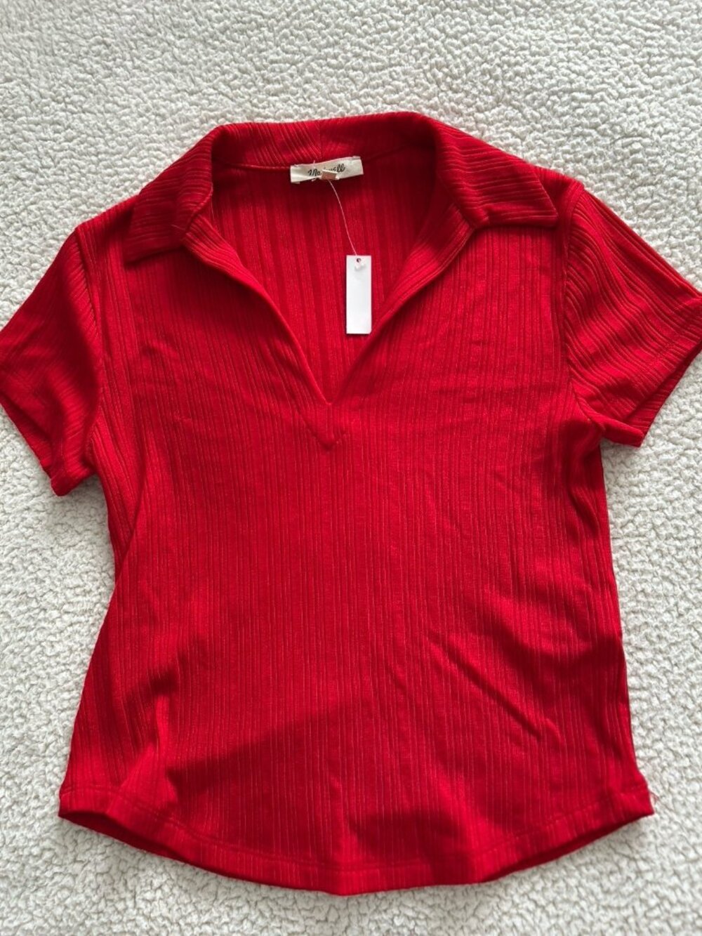 Madewell Ribbed V Neck Collared Polo Tee Top Stretch Lyocell Red Size XS